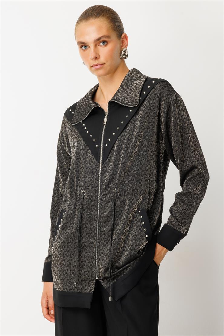 Modailgi  Düz Kumaş Garni Detaylı Fermuar Kapamalı Trok Çakma Detaylı Ara Boy Tunik - 40044 Siyah