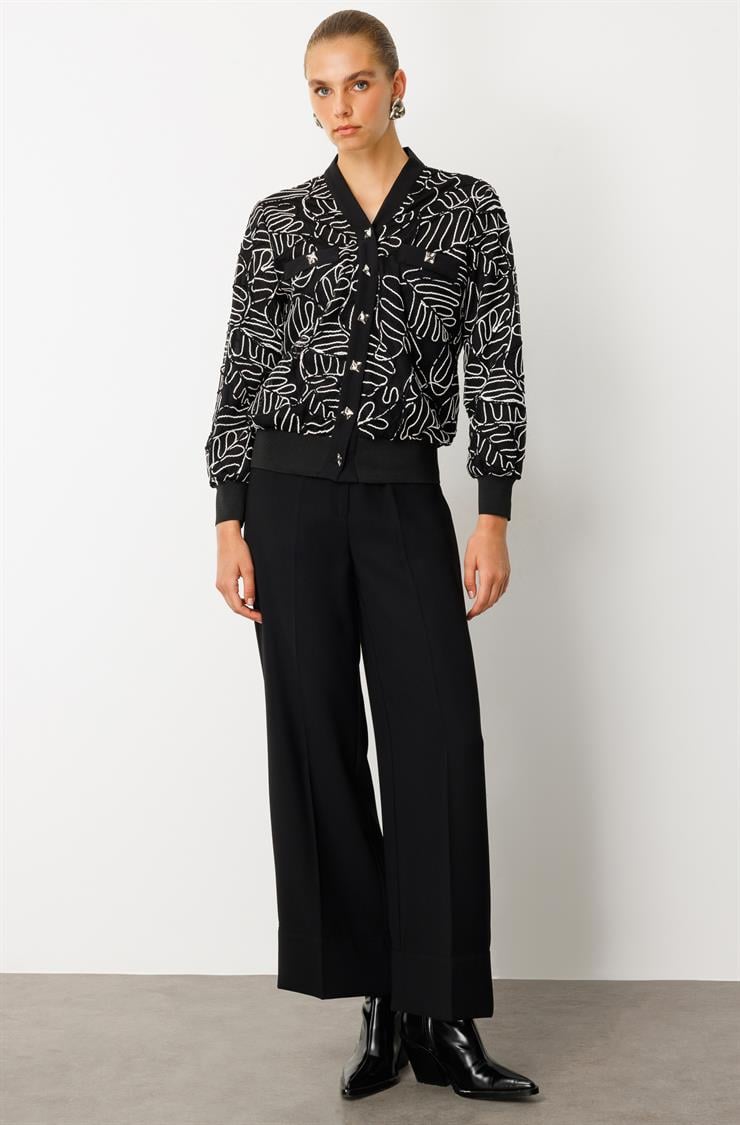 Modailgi  Düz Kumaş Garni Detaylı Fermuar Kapamalı Torba Cepli Kordone Ceket Siyah