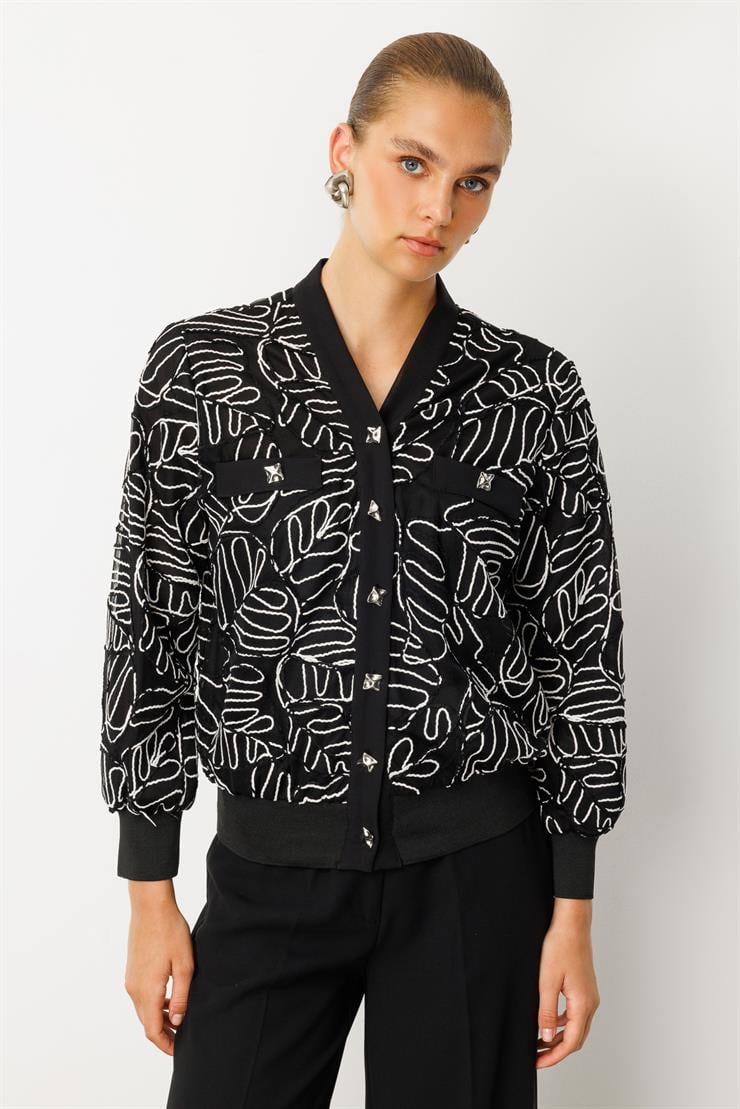 Modailgi  Düz Kumaş Garni Detaylı Fermuar Kapamalı Torba Cepli Kordone Ceket Siyah