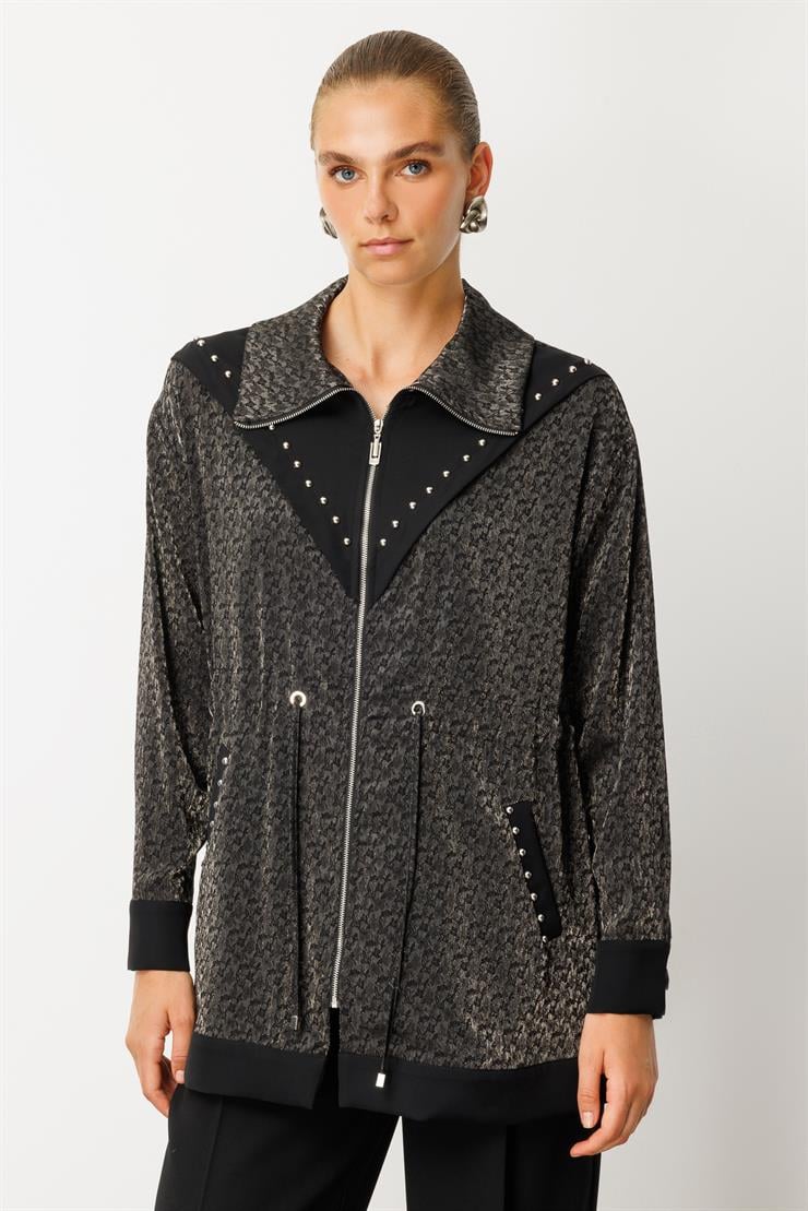 Modailgi  Düz Kumaş Garni Detaylı Fermuar Kapamalı Trok Çakma Detaylı Ara Boy Tunik - 40044 Siyah