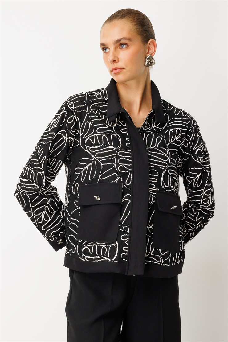 Modailgi  Düz Kumaş Garni Detaylı Fermuar Kapamalı Torba Cepli Kordone Ceket Siyah