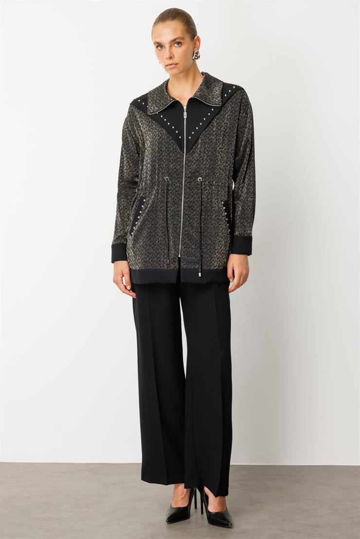 Modailgi  Düz Kumaş Garni Detaylı Fermuar Kapamalı Trok Çakma Detaylı Ara Boy Tunik - 40044 Siyah