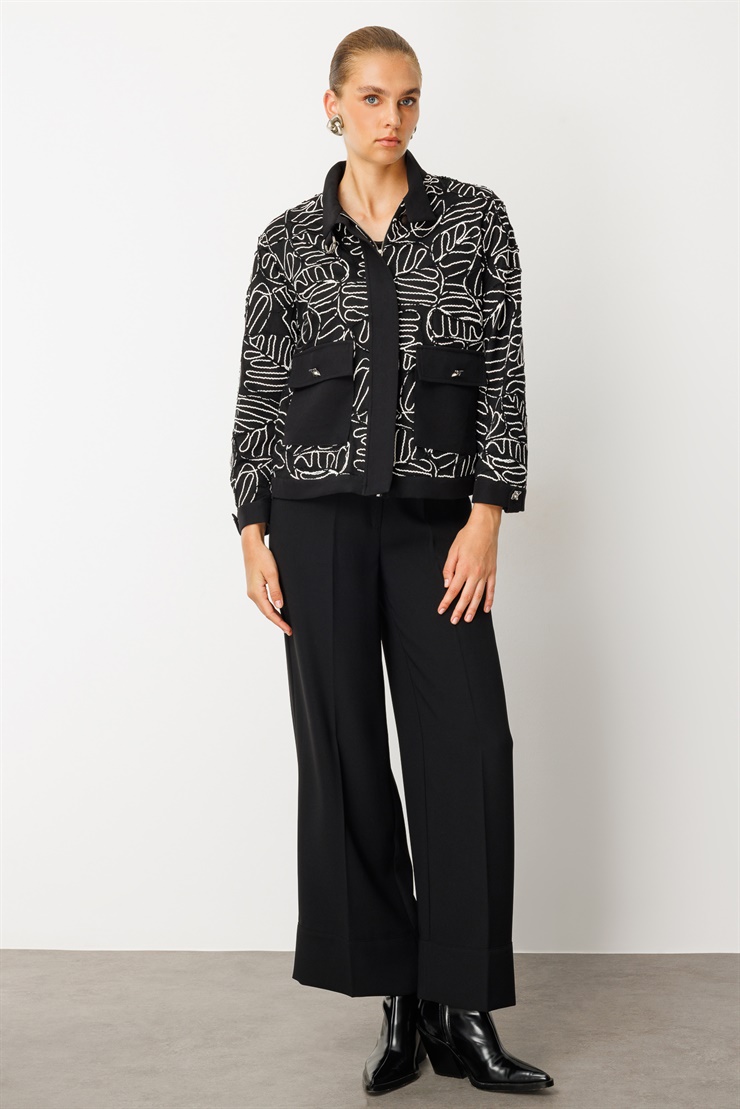 Modailgi  Düz Kumaş Garni Detaylı Fermuar Kapamalı Torba Cepli Kordone Ceket Siyah