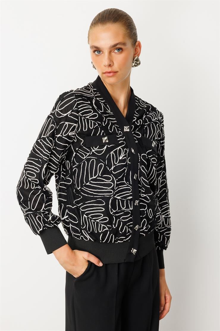 Modailgi  Düz Kumaş Garni Detaylı Fermuar Kapamalı Torba Cepli Kordone Ceket Siyah