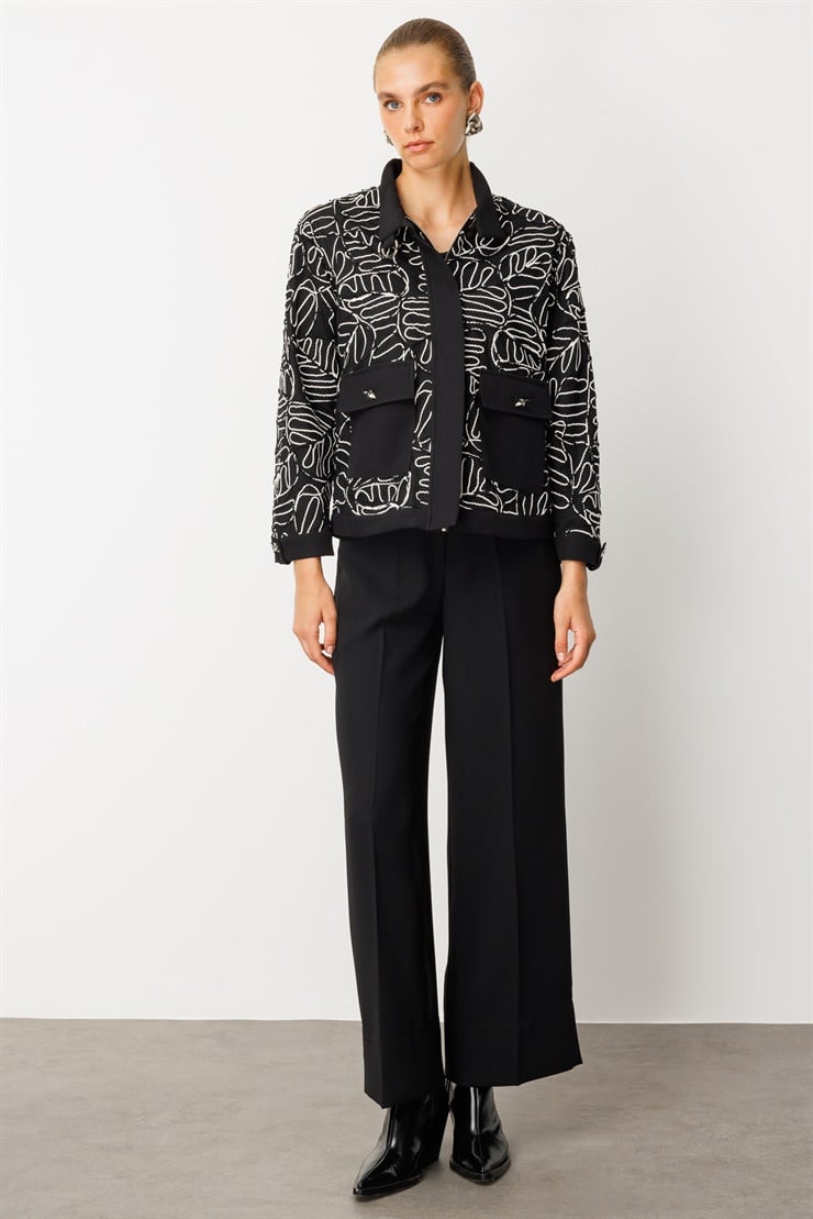 Modailgi  Düz Kumaş Garni Detaylı Fermuar Kapamalı Torba Cepli Kordone Ceket Siyah