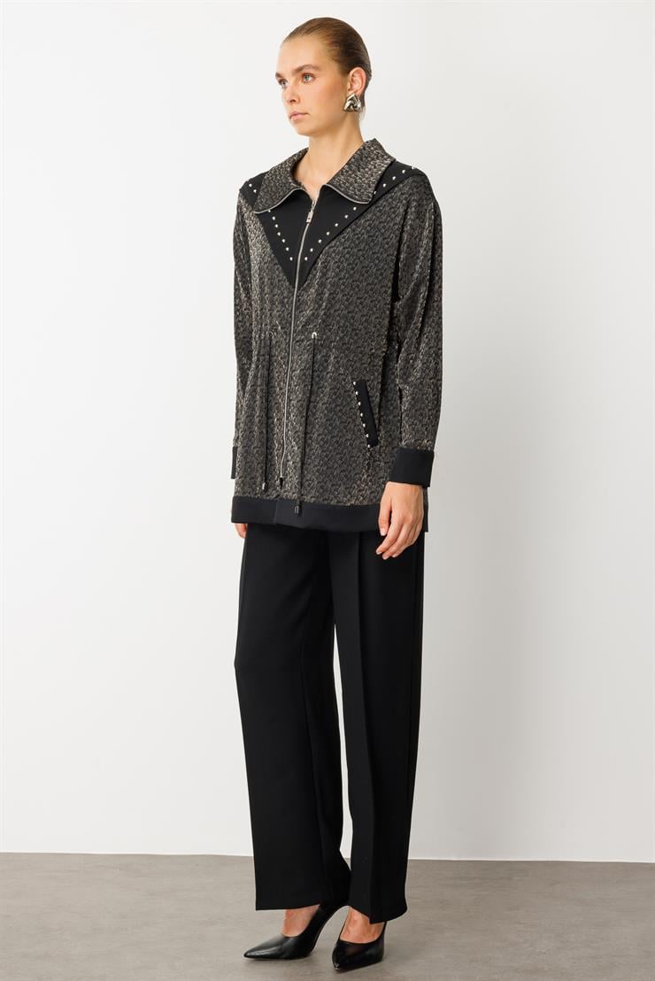 Modailgi  Düz Kumaş Garni Detaylı Fermuar Kapamalı Trok Çakma Detaylı Ara Boy Tunik - 40044 Siyah