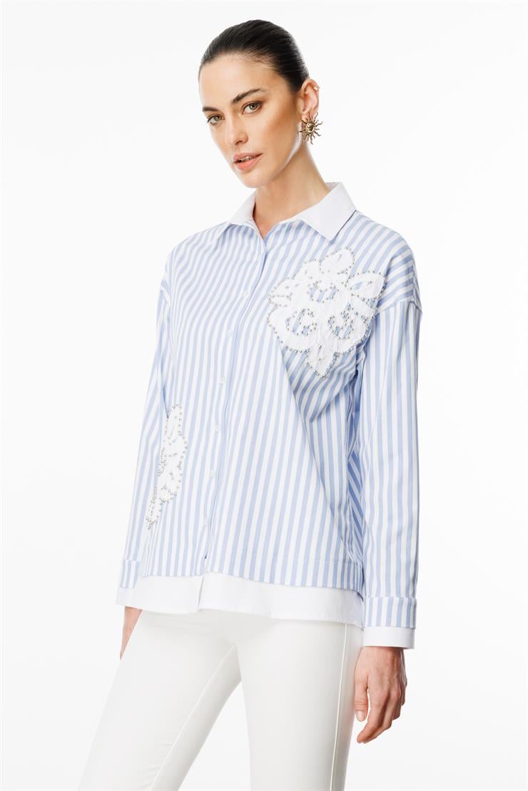 Modailgi  Düz Kumaş Garnili Nakış Aplike ve İnci Detaylı Gömlek Mavi