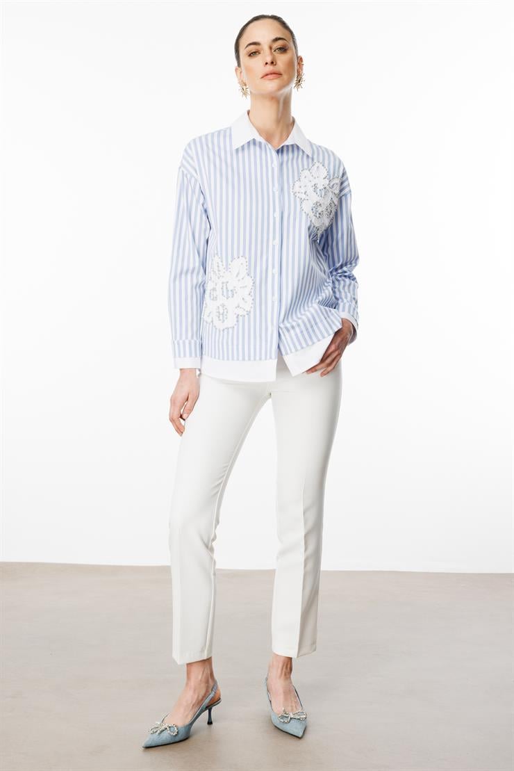 Modailgi  Düz Kumaş Garnili Nakış Aplike ve İnci Detaylı Gömlek Mavi