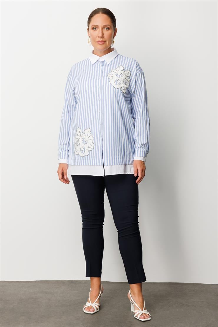 Modailgi  Düz Kumaş Garnili Nakış Aplike ve İnci Detaylı Gömlek Mavi