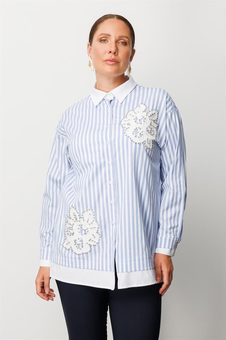 Modailgi  Düz Kumaş Garnili Nakış Aplike ve İnci Detaylı Gömlek Mavi