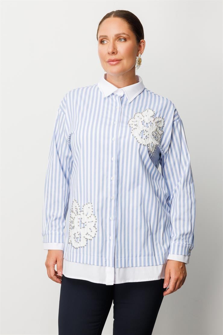 Modailgi  Düz Kumaş Garnili Nakış Aplike ve İnci Detaylı Gömlek Mavi