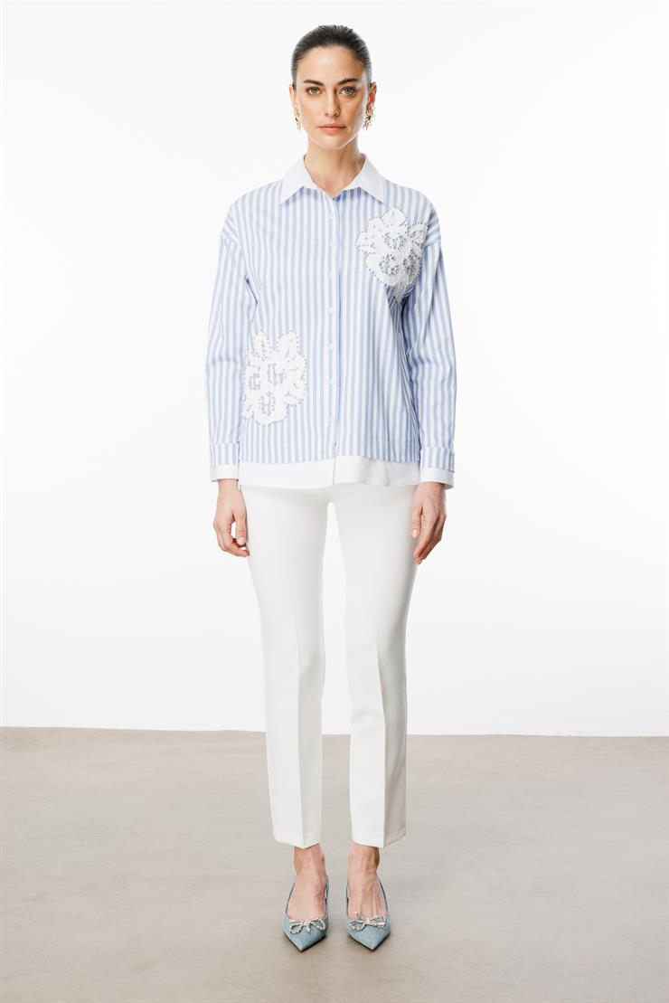 Modailgi  Düz Kumaş Garnili Nakış Aplike ve İnci Detaylı Gömlek Mavi