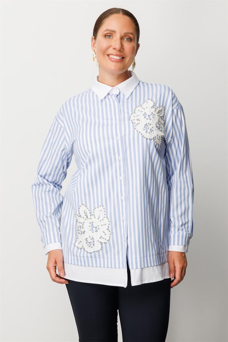 Modailgi  Düz Kumaş Garnili Nakış Aplike ve İnci Detaylı Gömlek Mavi