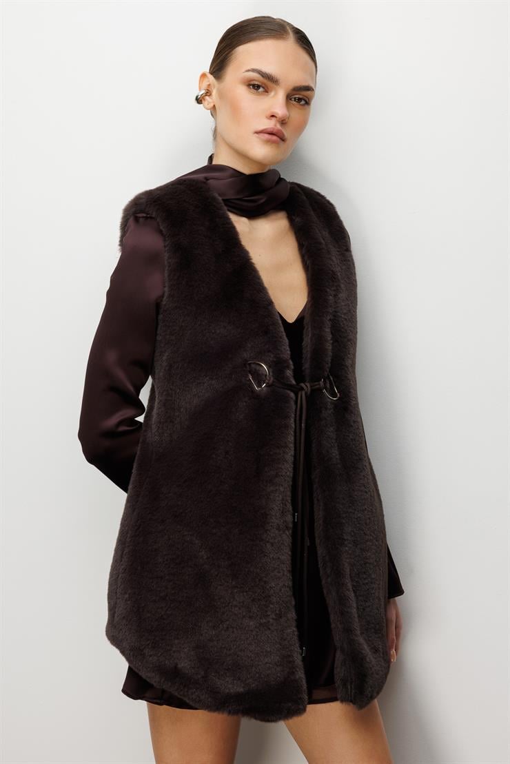 Modailgi  Düz Uzun Peluş Yelek Kahve