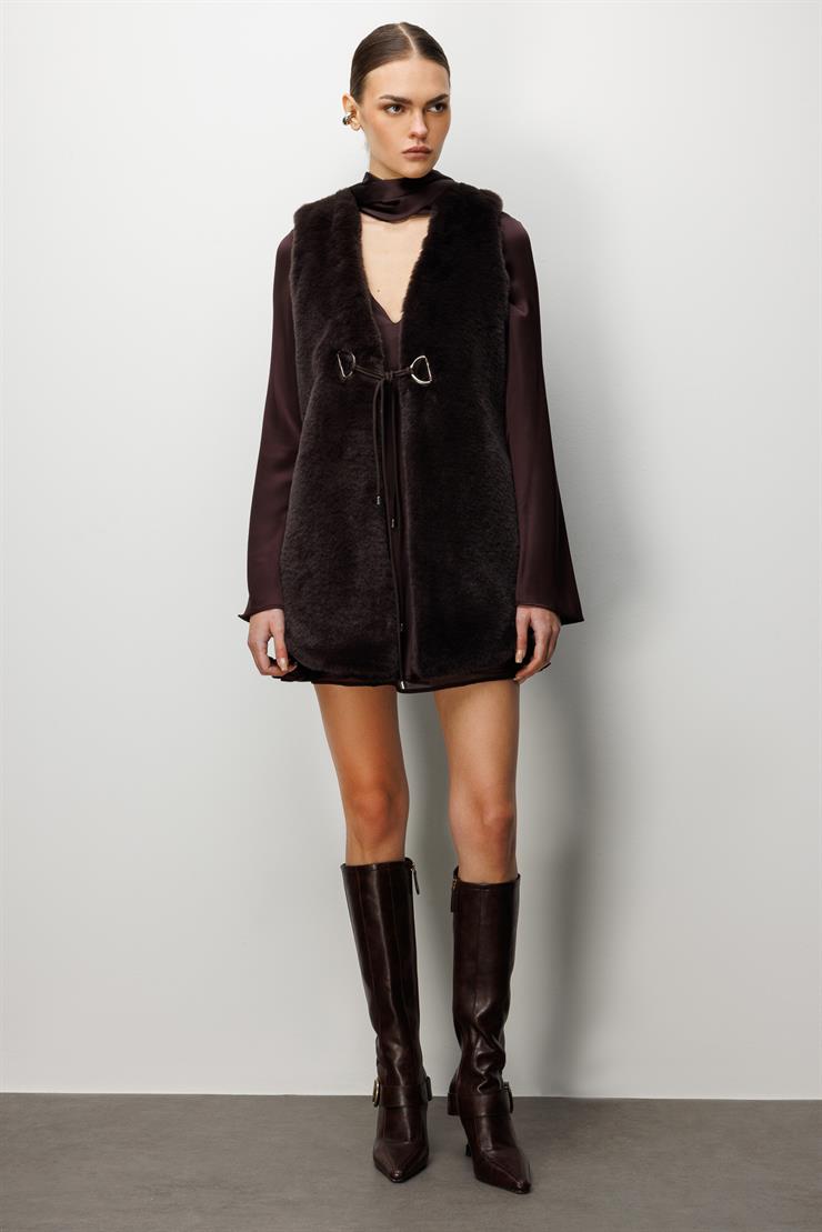 Modailgi  Düz Uzun Peluş Yelek Kahve