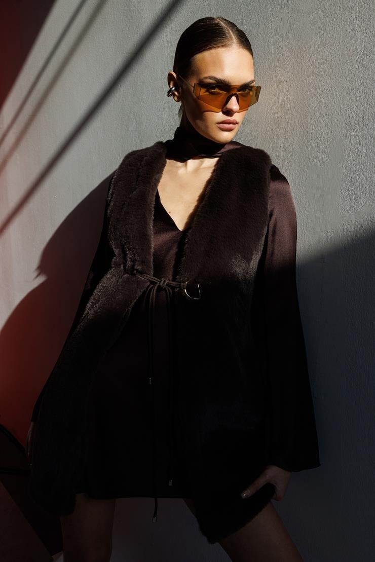 Modailgi  Düz Uzun Peluş Yelek Kahve