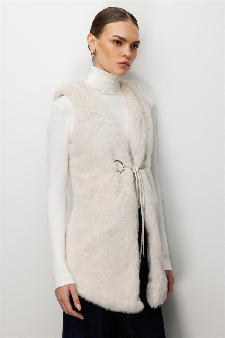 Modailgi  Düz Uzun Peluş Yelek Kemik