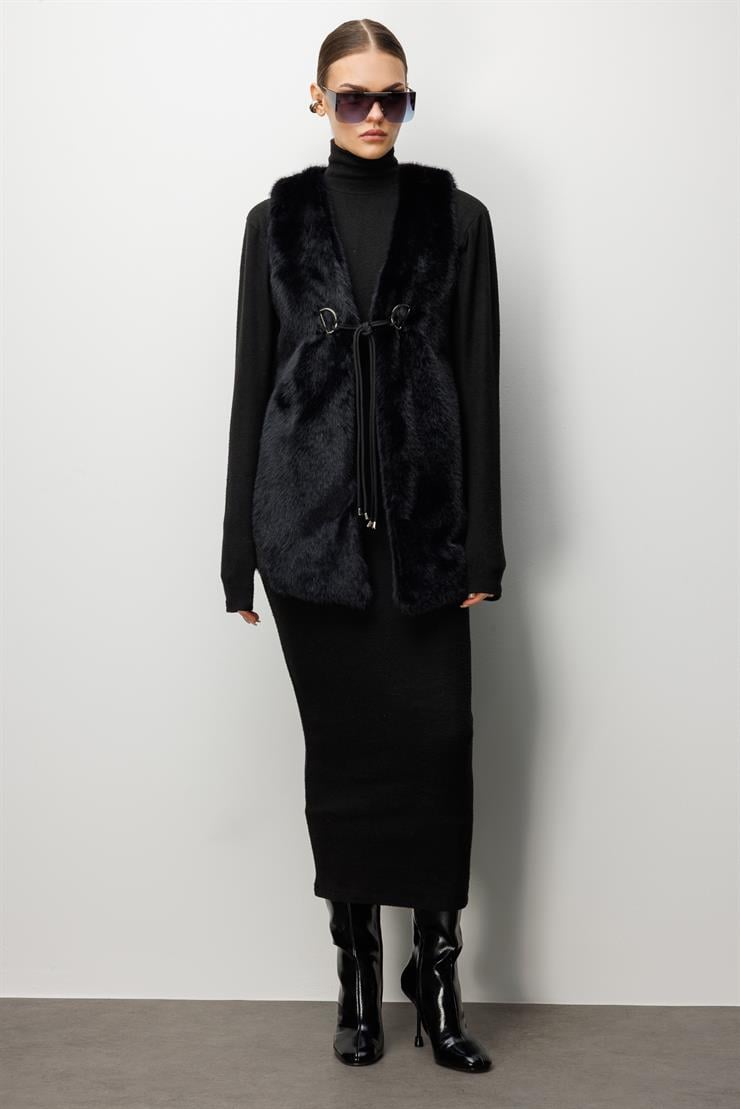 Modailgi  Düz Uzun Peluş Yelek Siyah