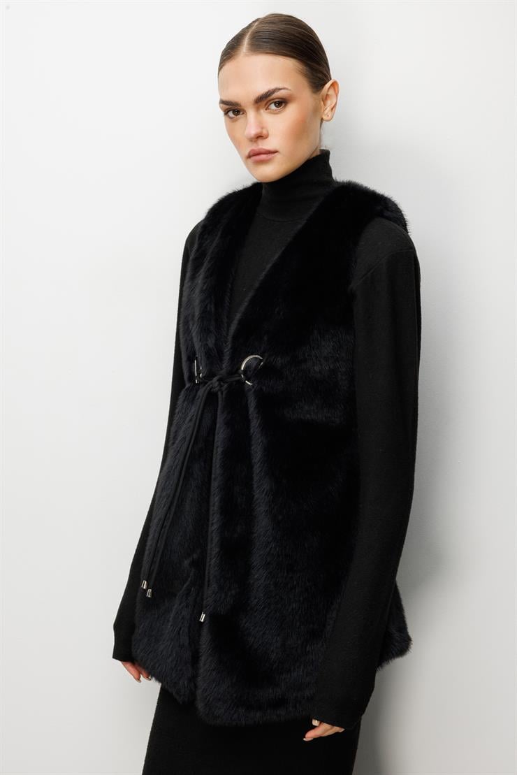 Modailgi  Düz Uzun Peluş Yelek Siyah