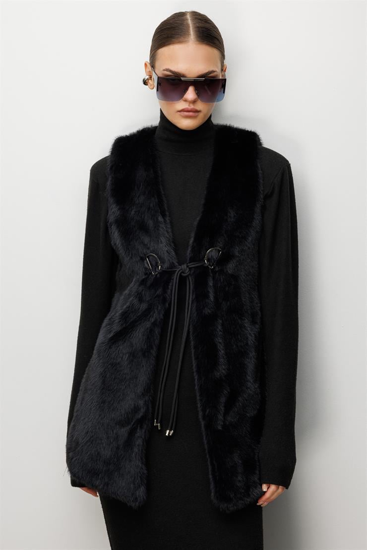 Modailgi  Düz Uzun Peluş Yelek Siyah