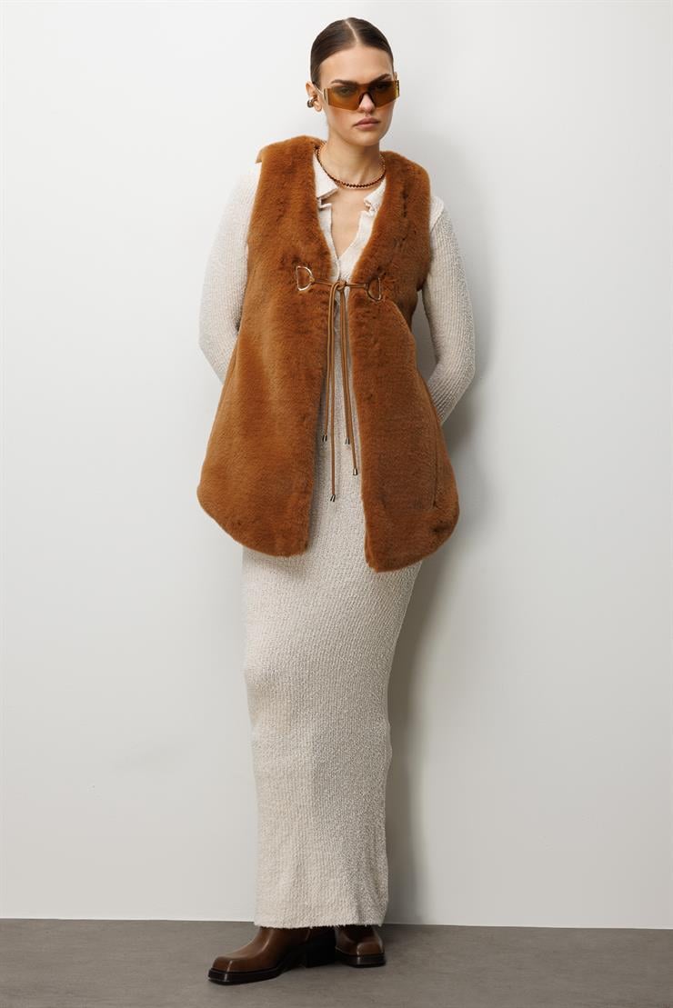 Modailgi  Düz Uzun Peluş Yelek Taba