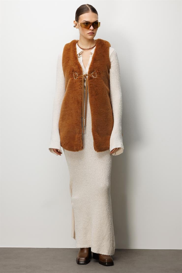 Modailgi  Düz Uzun Peluş Yelek Taba