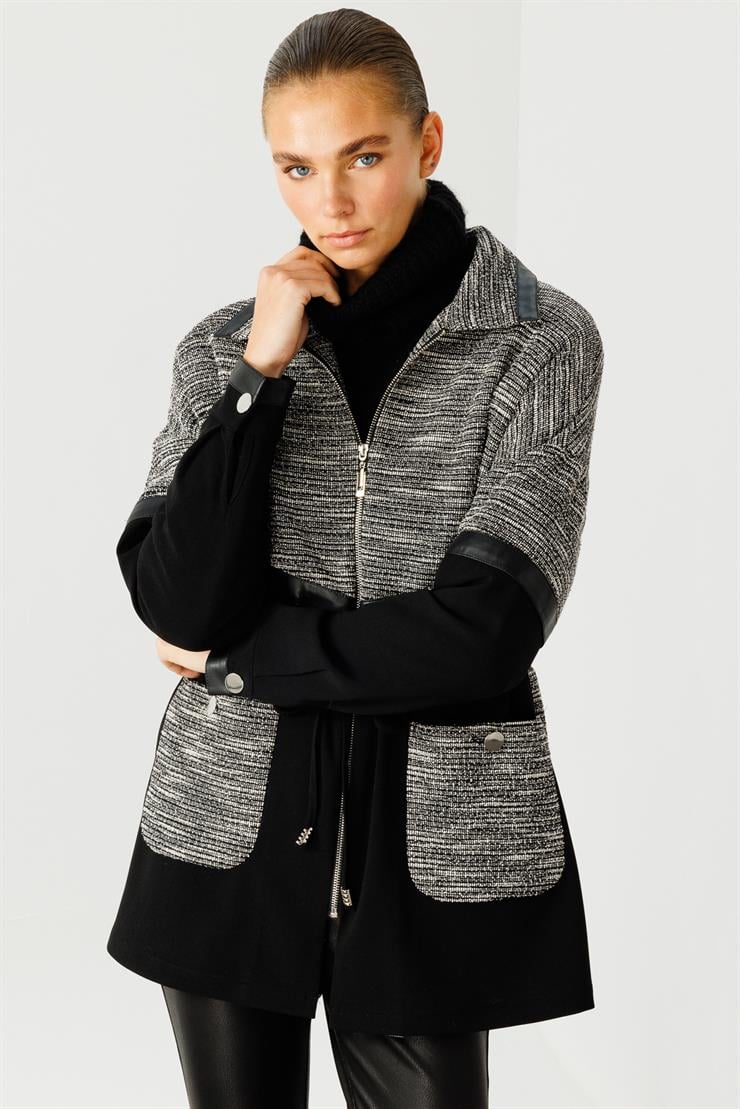 Modailgi  Düz ve Deri Kumaş Garnili Dik Yakalı Tunik Siyah