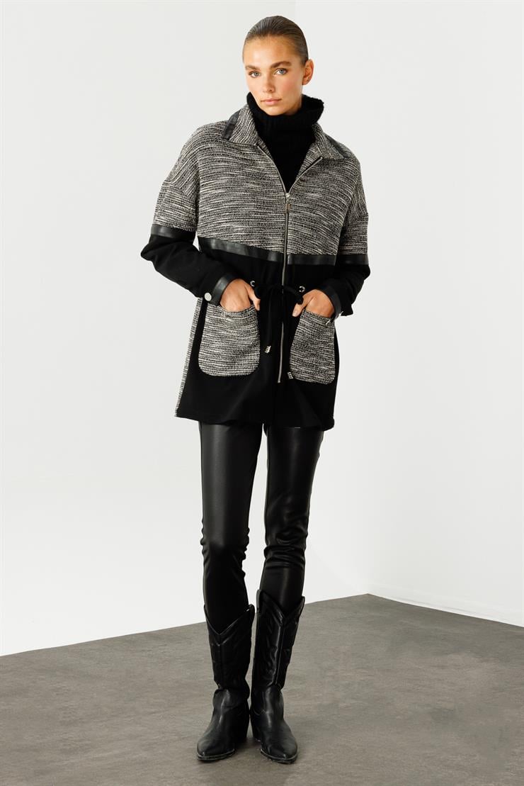 Modailgi  Düz ve Deri Kumaş Garnili Dik Yakalı Tunik Siyah