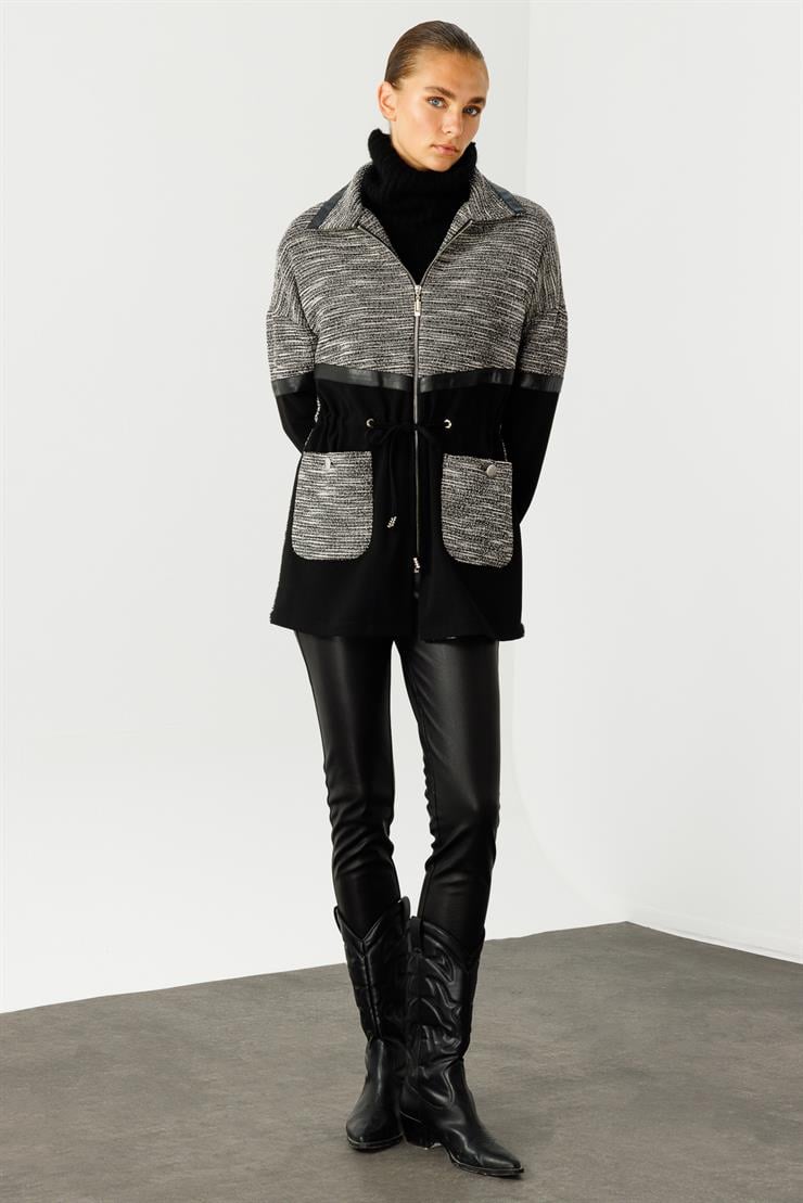 Modailgi  Düz ve Deri Kumaş Garnili Dik Yakalı Tunik Siyah