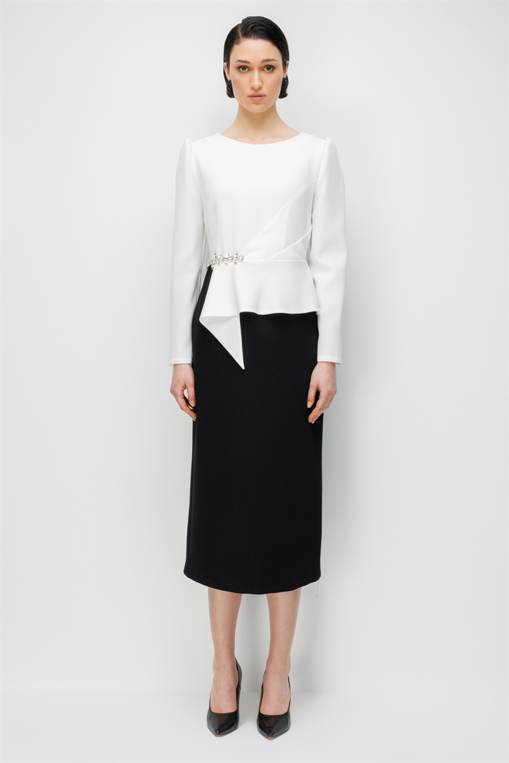 Modailgi  Ekru Siyah Kombinli Belinde Straz Taş Detaylı Elbise Ekru
