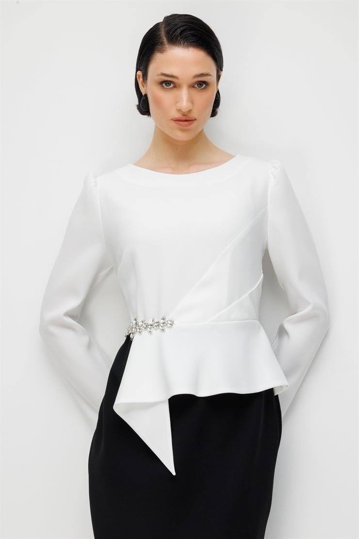 Modailgi  Ekru Siyah Kombinli Belinde Straz Taş Detaylı Elbise Ekru