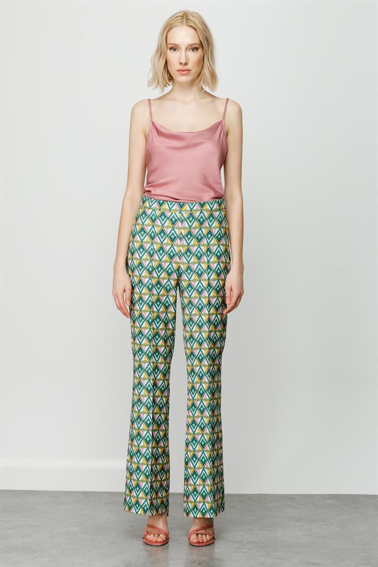 Modailgi  Emprime Desen İspanyol Paça Pantolon Yeşil
