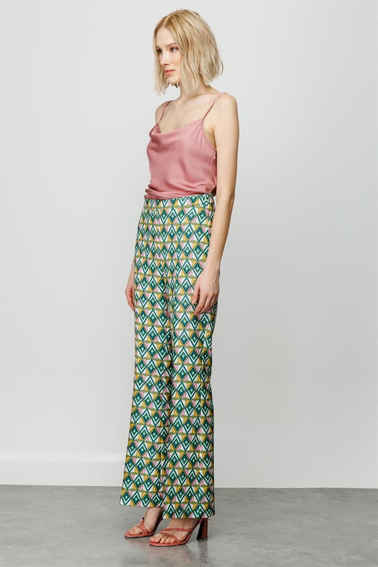 Modailgi  Emprime Desen İspanyol Paça Pantolon Yeşil