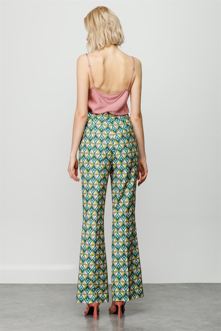 Modailgi  Emprime Desen İspanyol Paça Pantolon Yeşil