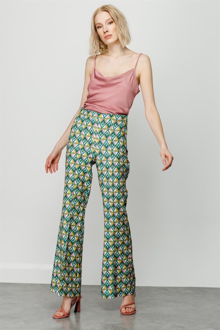 Modailgi  Emprime Desen İspanyol Paça Pantolon Yeşil