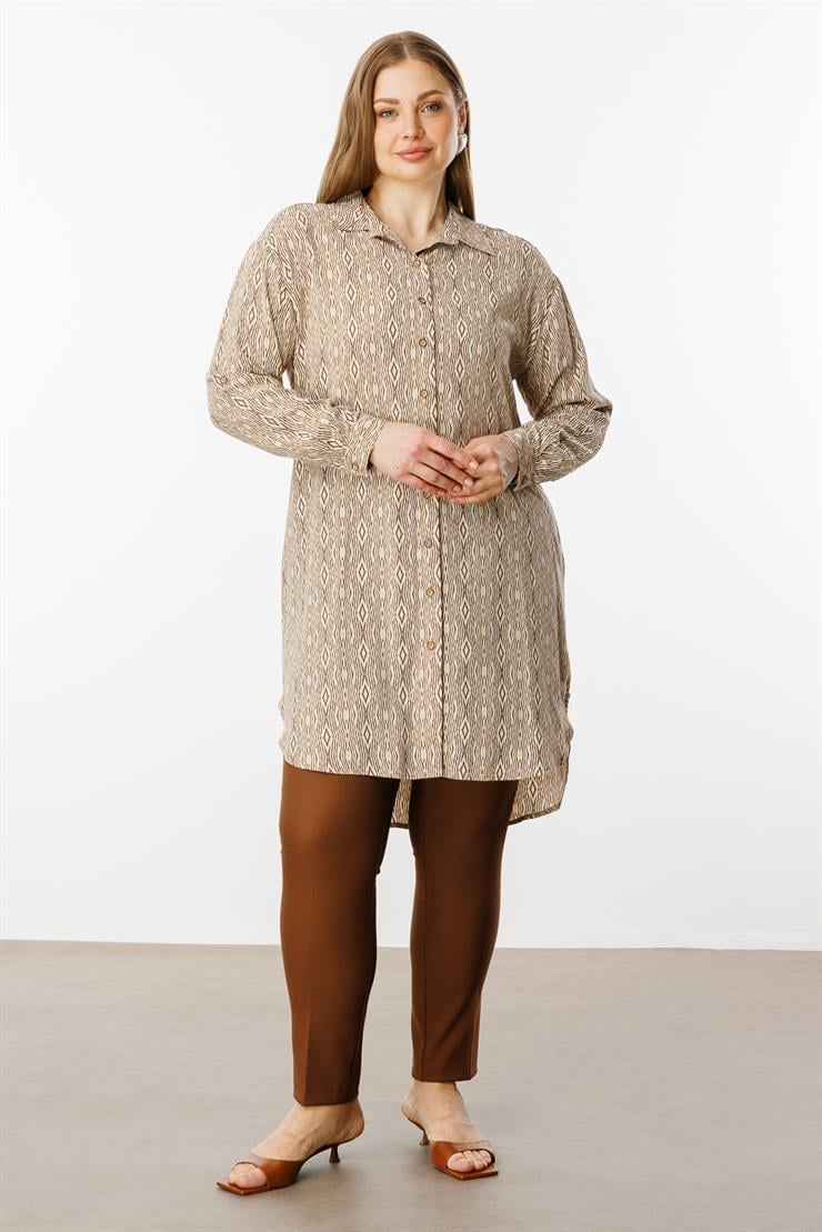 Modailgi  Emprime Desenli Uzun Tunik Bej