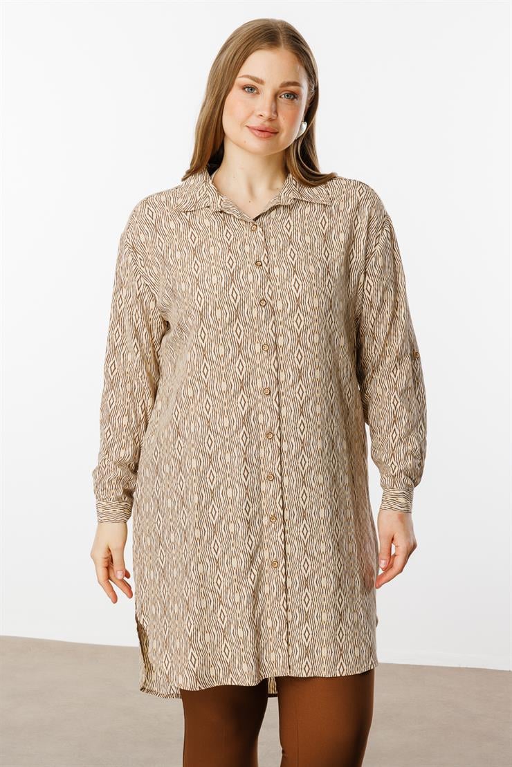 Modailgi  Emprime Desenli Uzun Tunik Bej