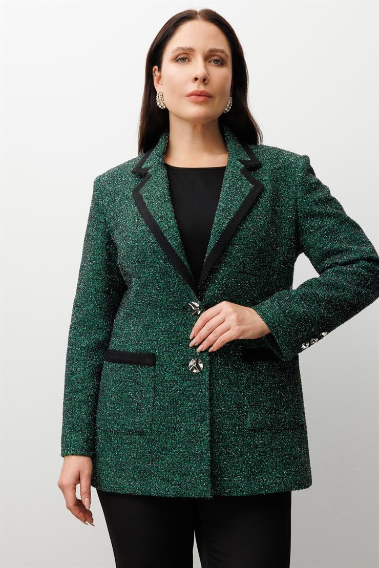 Modailgi  Enküstreli Mono Yaka Twit Kumaş Ceket SİYAH-YEŞİL