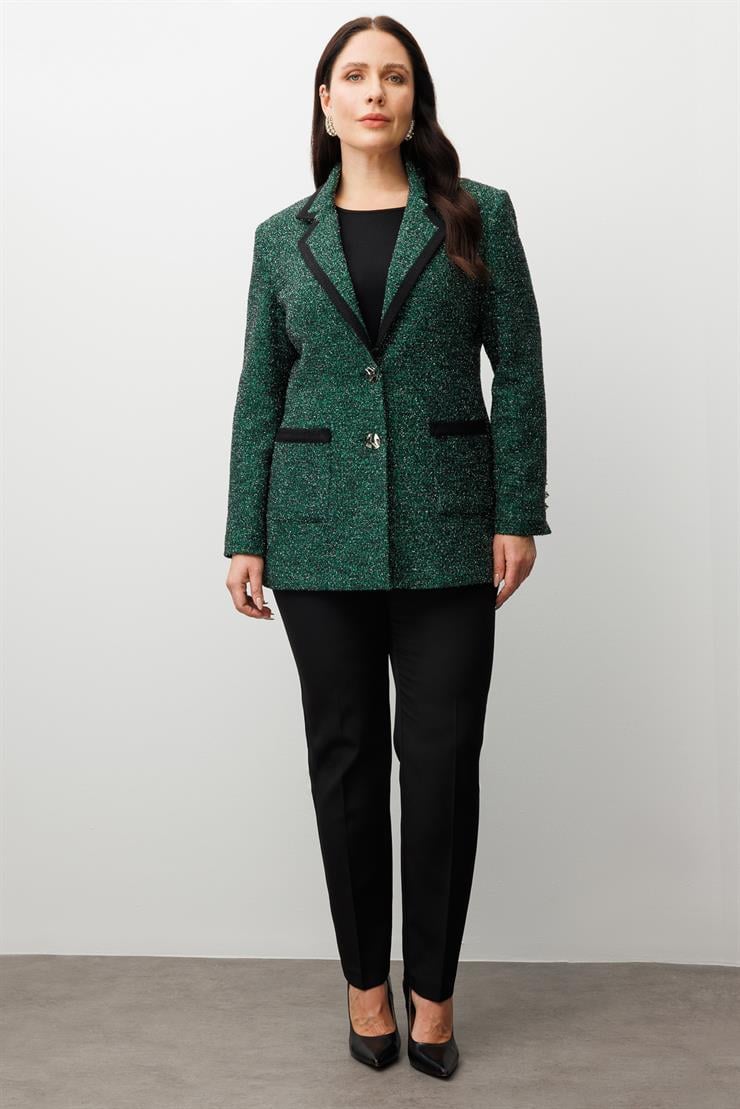 Modailgi  Enküstreli Mono Yaka Twit Kumaş Ceket SİYAH-YEŞİL