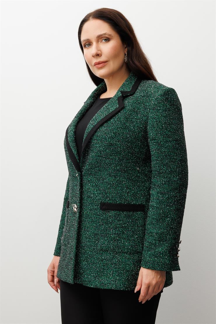 Modailgi  Enküstreli Mono Yaka Twit Kumaş Ceket SİYAH-YEŞİL