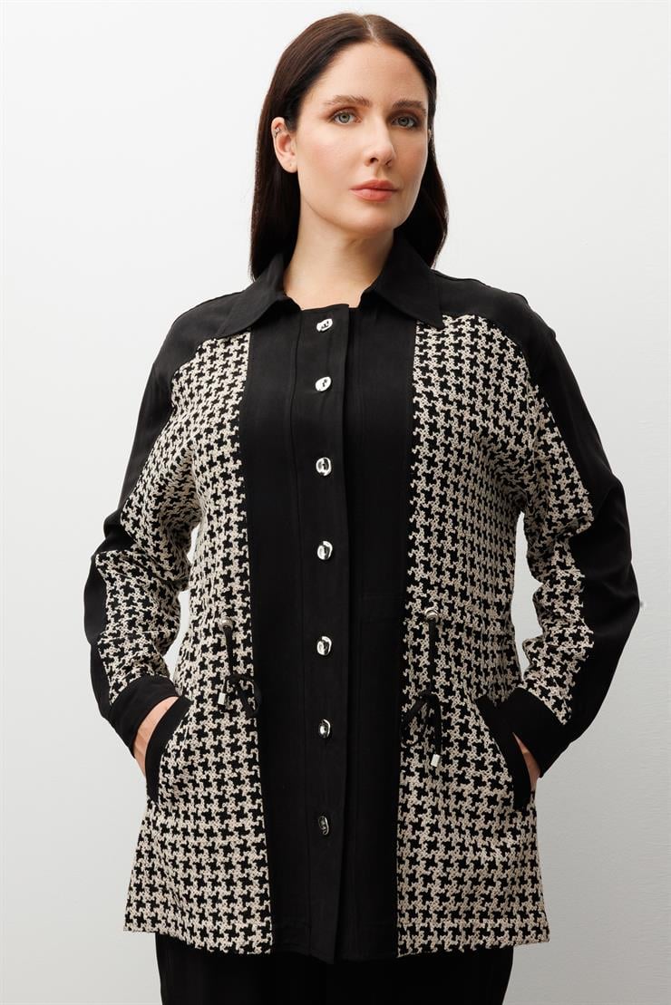 Modailgi  Erkek Yaka Beli Büzgülü Kazayağı Desen Nakışlı Kumaş Düğme Detaylı Tunik Siyah