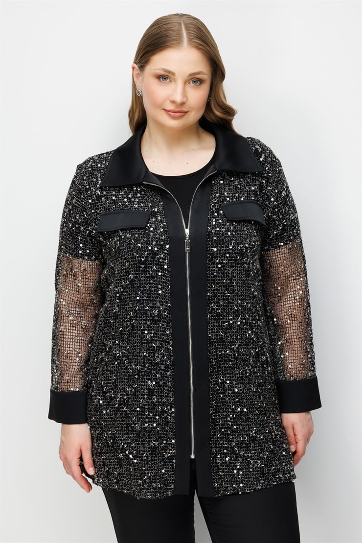 Modailgi  Erkek Yaka Cep Kapaklı Pullu Fileli Tunik Siyah