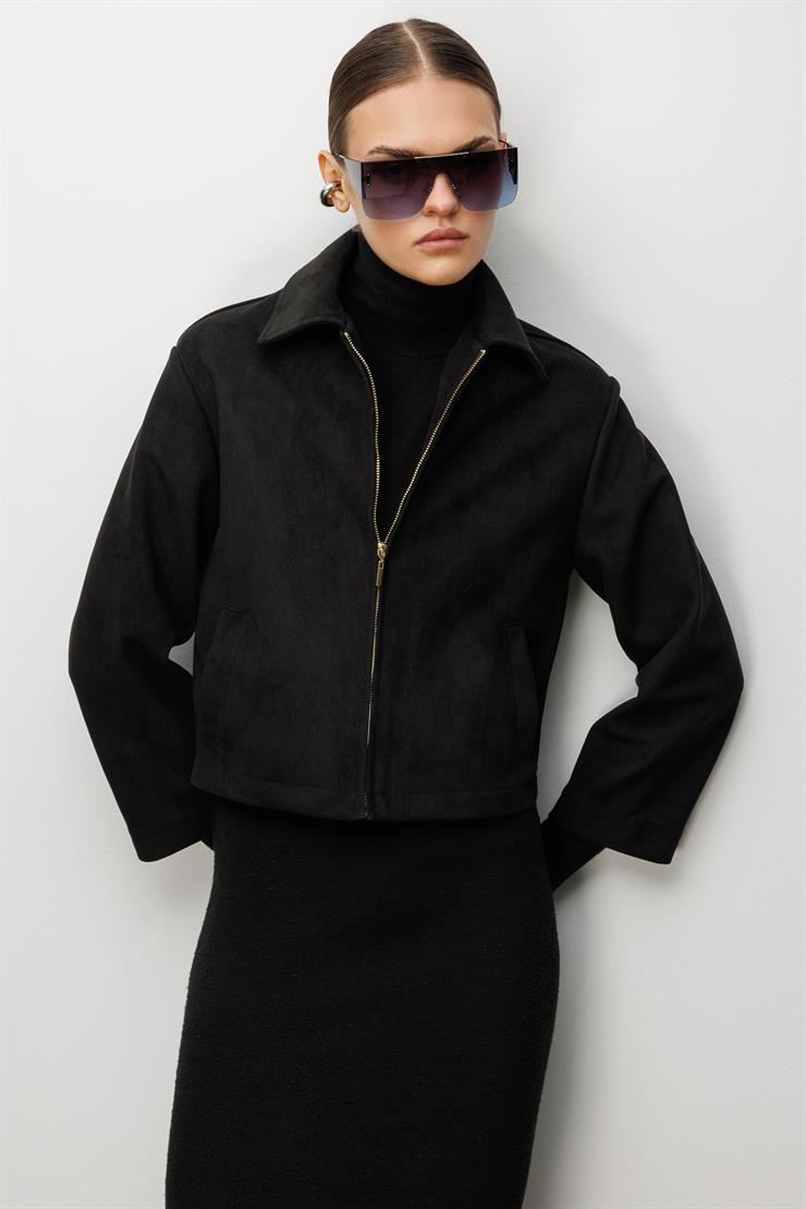 Modailgi  Erkek Yaka Fermuar Kapamalı Süet Mont Siyah