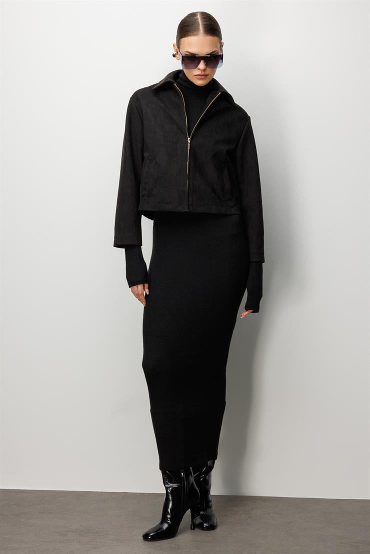 Modailgi  Erkek Yaka Fermuar Kapamalı Süet Mont Siyah