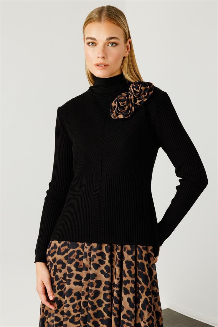 Modailgi  Eteği Asimetrik Leopar Desenli Trikolu Elbise Vizon