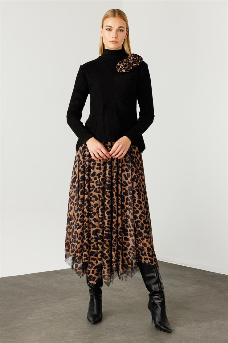 Modailgi  Eteği Asimetrik Leopar Desenli Trikolu Elbise Vizon