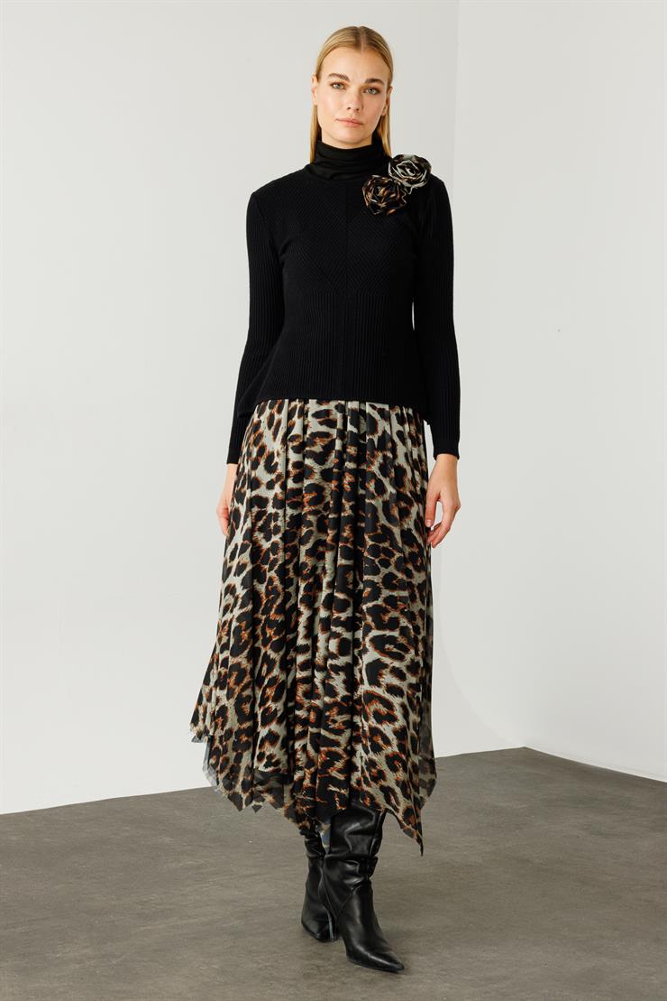 Modailgi  Eteği Asimetrik Leopar Desenli Trikolu Elbise Taba