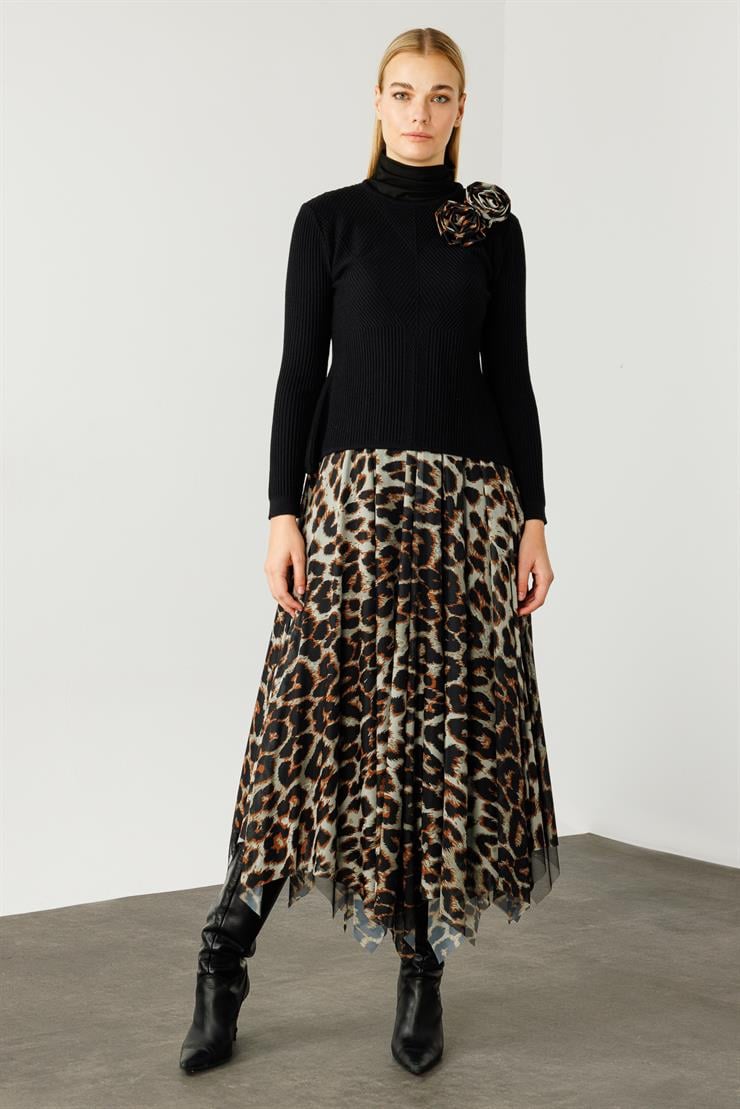 Modailgi  Eteği Asimetrik Leopar Desenli Trikolu Elbise Taba
