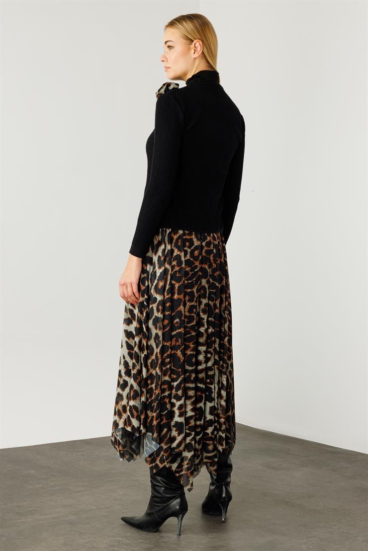 Modailgi  Eteği Asimetrik Leopar Desenli Trikolu Elbise Taba