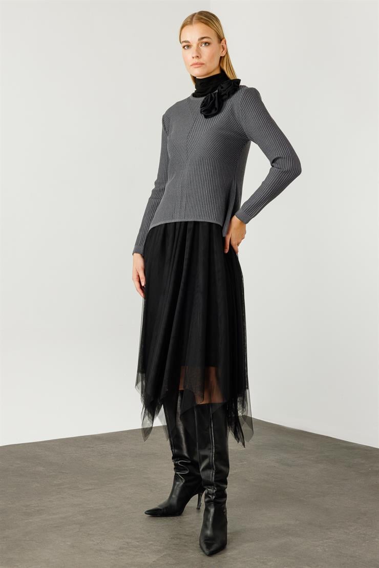 Modailgi  Eteği Asimetrik Tüllü Trikolu Elbise Gri